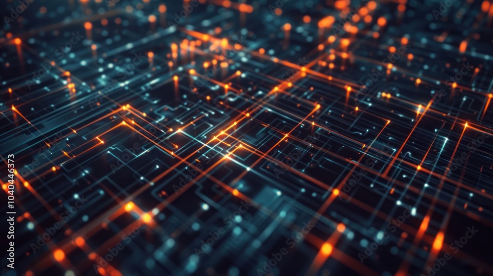 Abstract Digital Circuit Grid with Glowing Orange and Blue Lines, Representing Technology and Data Flow Abstract Digital Circuit Grid with Glowing Orange and Blue Lines, Representing Technology and Data Flow