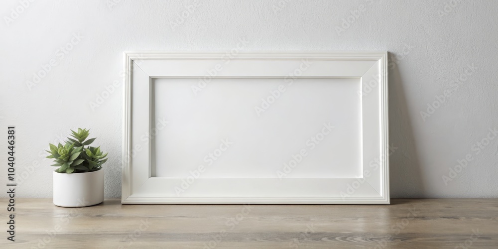 Fototapeta premium White Frame Mockup with Green Plant on Wooden Table, mockup, frame, plant,