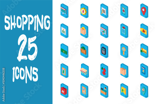 Vector image of 3d shopping icon set with blue background