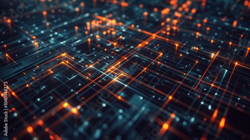 Abstract Digital Circuit Grid with Glowing Orange and Blue Lines, Representing Technology and Data Flow