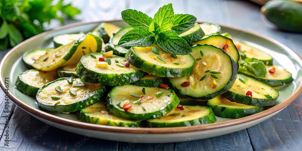 Zucchini and Mint Salad - Close-up, Sliced Zucchini, Green, Zucchini Salad, Mint Salad, Summer Salad Zucchini and Mint Salad - Close-up, Sliced Zucchini, Green, Zucchini Salad, Mint Salad, Summer Salad