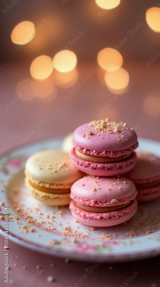 Pink and yellow macarons on a white plate with a pink background and bokeh lights. Pink and yellow macarons on a white plate with a pink background and bokeh lights.