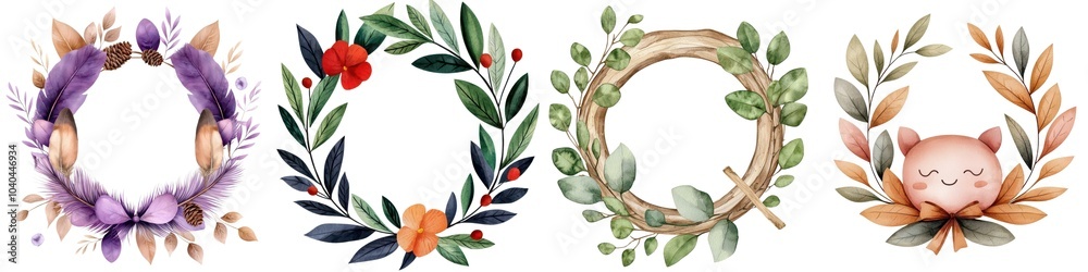 Fototapeta premium Beautiful floral wreaths with colorful leaves and vibrant flowers, white isolated background.