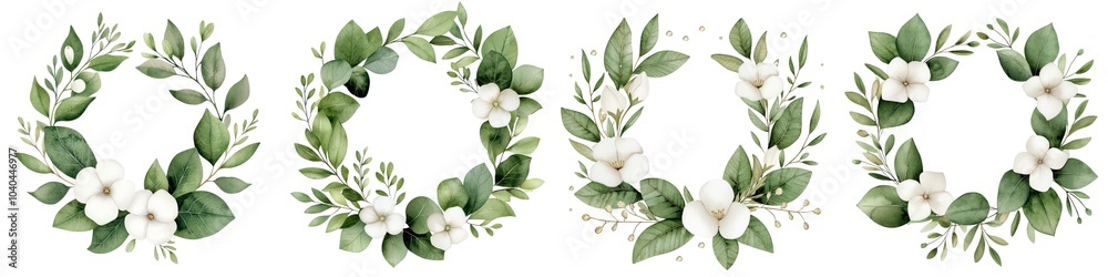 Beautiful floral wreaths with greenery and white flowers on a white background. Beautiful floral wreaths with greenery and white flowers on a white background.