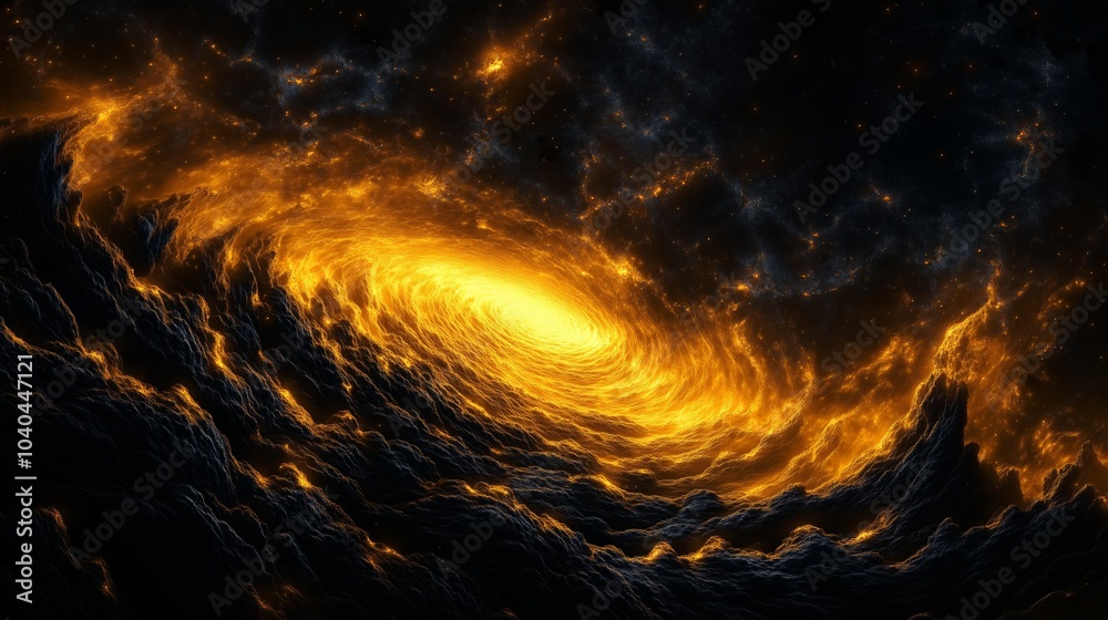 Swirling Golden Vortex of Light in a Dark Cosmic Landscape Swirling Golden Vortex of Light in a Dark Cosmic Landscape