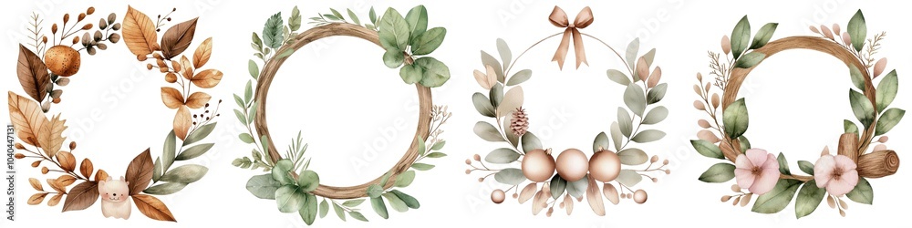 Fototapeta premium Beautiful watercolor wreaths with leaves and flowers on a white background.