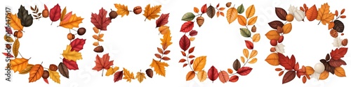 Colorful autumn leaves arranged in circular patterns on a white background.