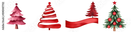 Christmas tree and ribbon illustration, white isolate background