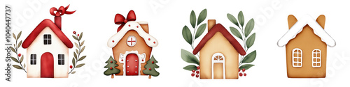 Christmas-themed houses with festive decorations, white isolate background