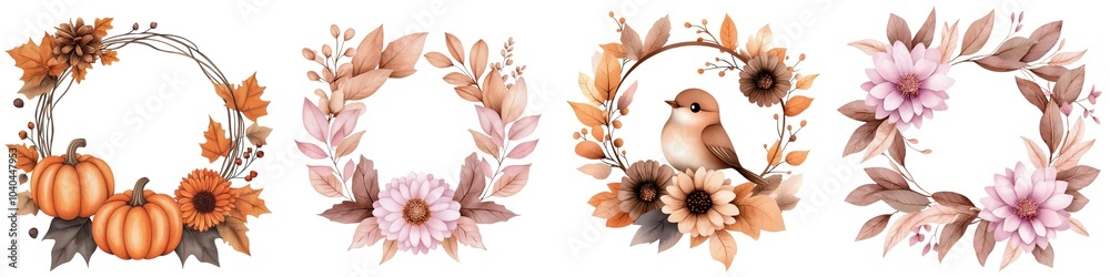 Fototapeta premium Colorful floral wreaths with pumpkins and leaves, white isolate background.