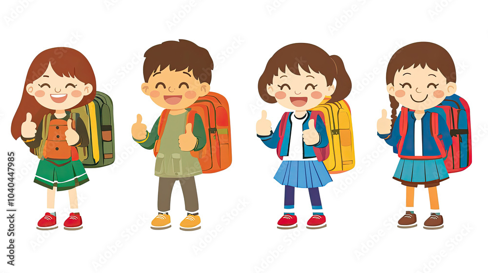 Happy Students in Colorful Backpacks Giving Thumbs up Together Generative AI Happy Students in Colorful Backpacks Giving Thumbs up Together Generative AI