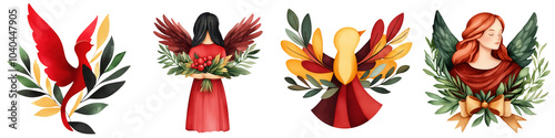 Colorful angelic figures with floral wreaths, white isolate background