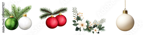 Colorful Christmas ornaments with greenery, white isolated background
