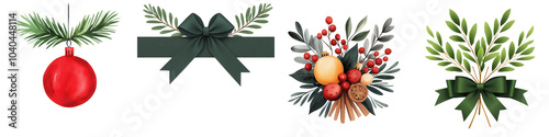 Colorful holiday decorations with bows and ornaments