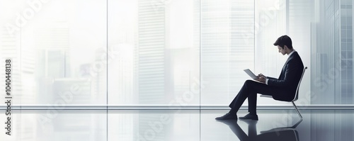 A businessman sits in a modern office, working on a laptop while enjoying a panoramic view of the city skyline.