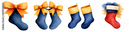 Colorful stockings and bows on a white isolated background