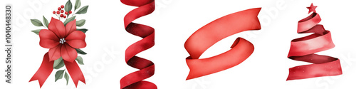 Festive red ribbons, bows, and Christmas decorations on white.
