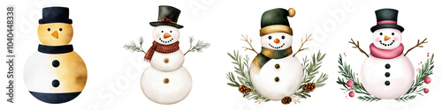 Four cheerful snowmen on a white isolated background.