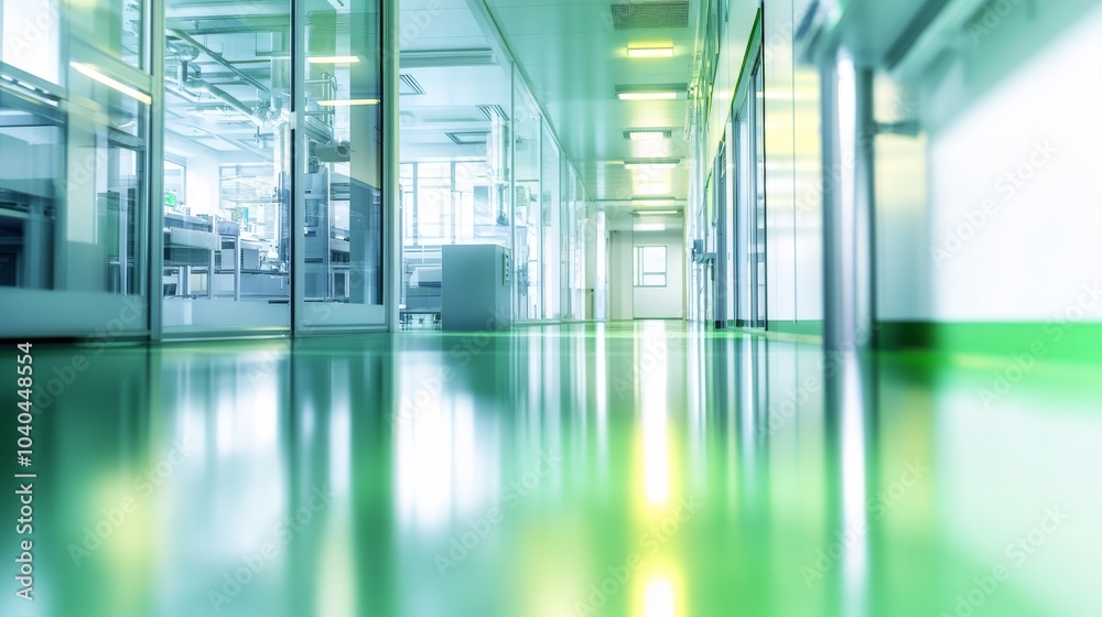 A clean and modern hallway showcasing glossy floors and bright lighting in a contemporary facility. A clean and modern hallway showcasing glossy floors and bright lighting in a contemporary facility.