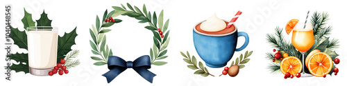 Holiday drinks and decor, white isolated background