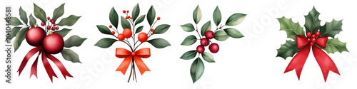 Holly branches with red berries and bows, white isolate background