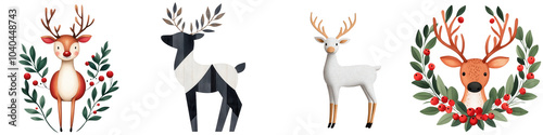 Vivid reindeer illustrations with festive wreath backgrounds.