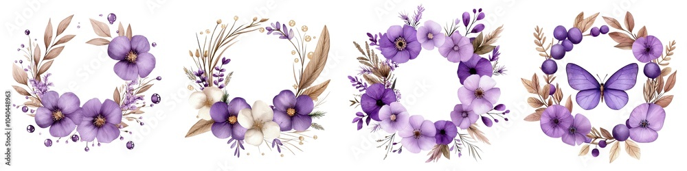 Elegant floral wreaths with purple flowers and leaves on white isolated background. Elegant floral wreaths with purple flowers and leaves on white isolated background.