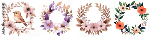 Elegant floral wreaths with natural elements on a white isolate background.