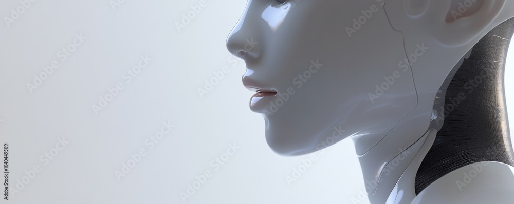 A close-up profile of a sleek, futuristic robot with a smooth surface and delicate features reflecting advanced technology. A close-up profile of a sleek, futuristic robot with a smooth surface and delicate features reflecting advanced technology.