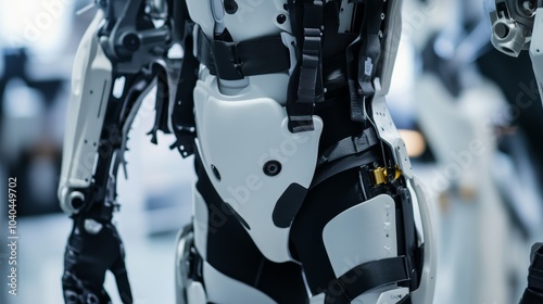 Robotic exoskeleton development lab, advanced workshop with robotic suits and testing rigs, Innovative style