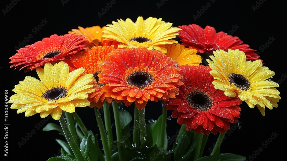 A bouquet of flowers with yellow and red flowers. The flowers are drooping and have water on them A bouquet of flowers with yellow and red flowers. The flowers are drooping and have water on them