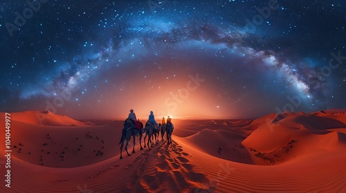 A caravan of camels trekking across a vast desert under a star-filled night sky, the sand dunes glowing softly under the starlight, the sky twinkling with countless stars, photo