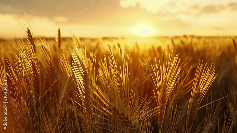 A field of golden wheat with the sun setting in the background A field of golden wheat with the sun setting in the background