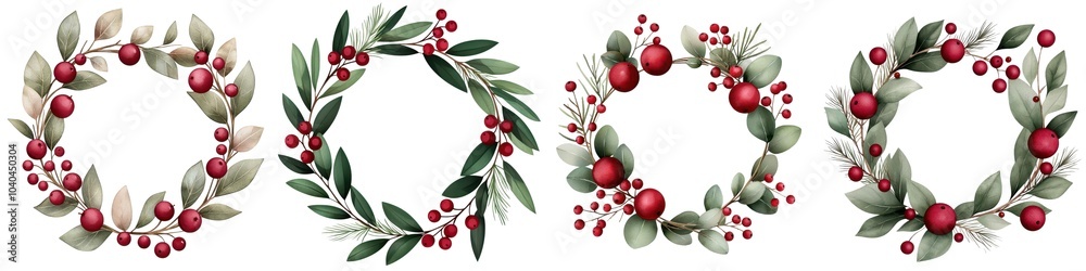 Fototapeta premium Four decorative wreaths with leaves and red berries, white isolated background.