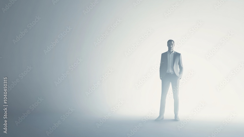 A confident businessman stands alone in a minimalist scene, highlighting focus and ambition amidst soft, ethereal lighting. A confident businessman stands alone in a minimalist scene, highlighting focus and ambition amidst soft, ethereal lighting.