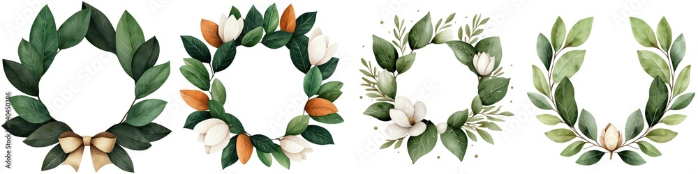 Fototapeta premium Four elegant floral wreath designs on a white isolated background.