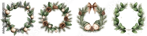 Four decorative wreaths with seasonal elements on a white isolated background.