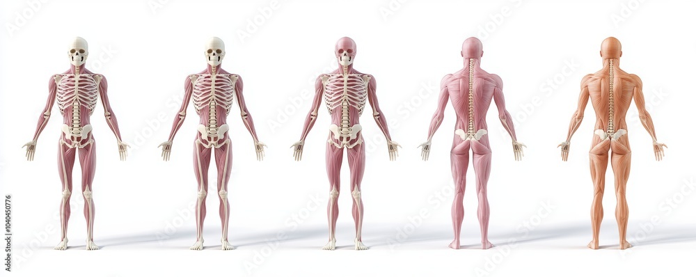 A detailed anatomical study showcasing five human figures displaying different stages of muscular and skeletal structure. A detailed anatomical study showcasing five human figures displaying different stages of muscular and skeletal structure.