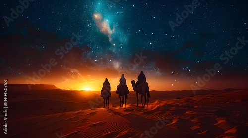 A cinematic view of three astrologers on camels, silhouetted against a radiant mystical star in the sky, the desert dunes softly glowing under the starlight,