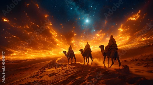 A dramatic desert scene with astrologers riding camels in the wind, following the brightest star in the sky, the wind blowing sand across the dunes, photo