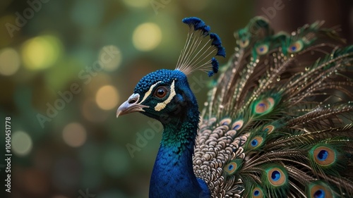 A close-up portrait of a male peacock with its vibrant blue and green feathers, displaying its plumage.