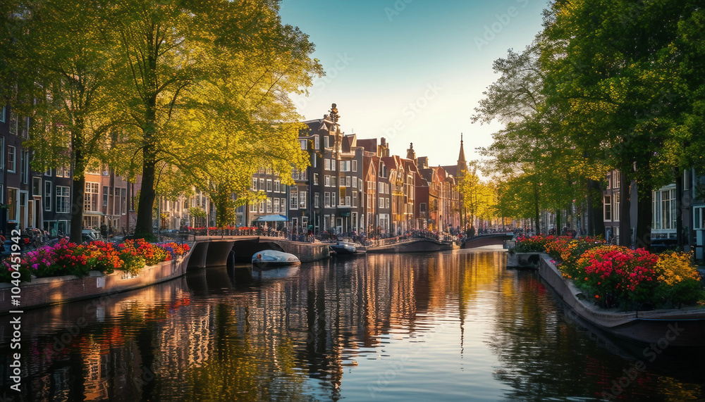Naklejka premium A picturesque view of Amsterdam's canal ring in spring showcases vibrant blooming colors.
