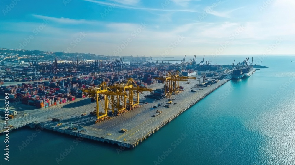 Obraz premium A cutting-edge harbor with cranes and containers, representing the epicenter of international trade, photography style