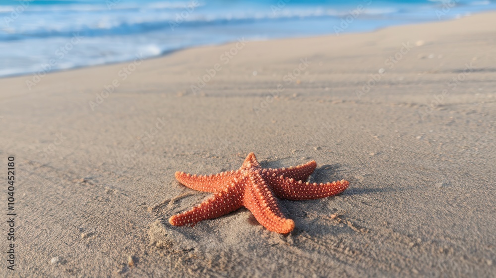 Single starfish on sandy beach near water?s edge Single starfish on sandy beach near water?s edge