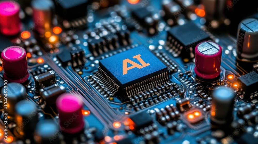 A close up of a computer chip with the letters AI on it. The chip is surrounded by a pink and orange casing