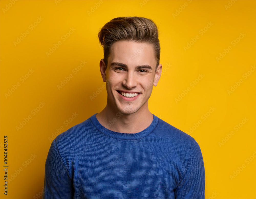 Portrait of Young Handsome Man Happily Smiling Against Yellow Studio Background Portrait of Young Handsome Man Happily Smiling Against Yellow Studio Background