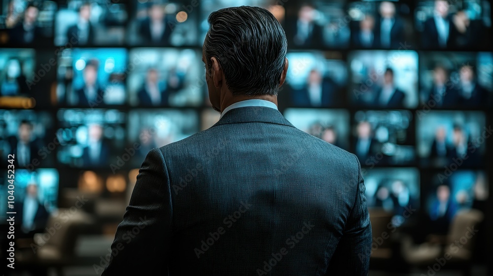 A man in a suit is looking at a television screen with multiple images on it. The man is focused on the screen, possibly watching a news broadcast or a sports game A man in a suit is looking at a television screen with multiple images on it. The man is focused on the screen, possibly watching a news broadcast or a sports game