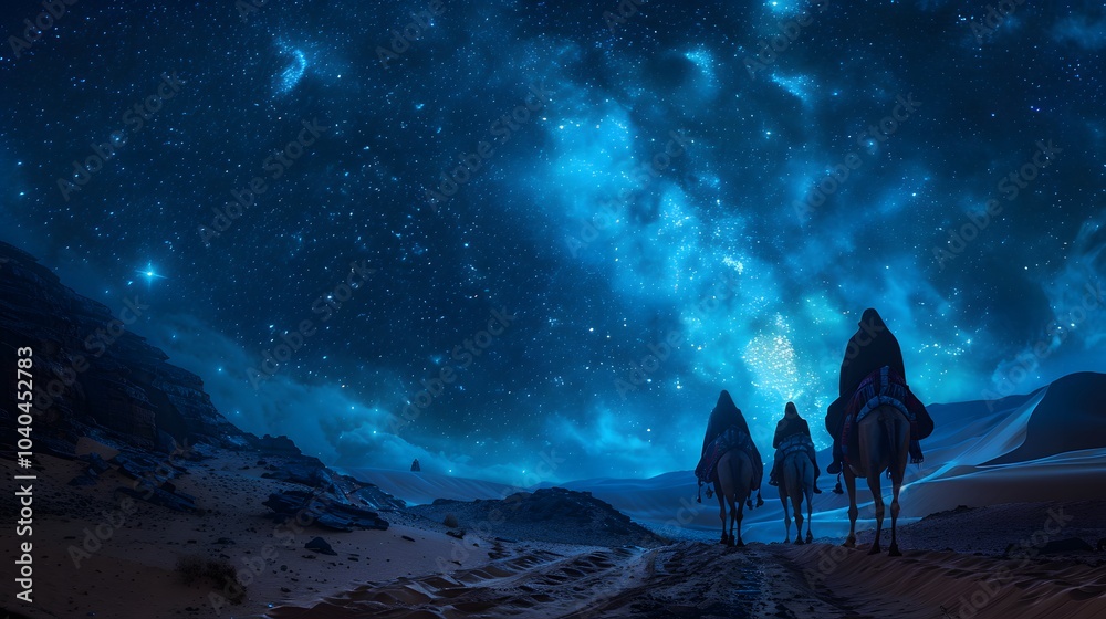 A mystical scene of astrologers on camels journeying through the desert, a mysterious bright star leading the way, the night sky glowing with celestial light, soft shadows cast across the dunes, A mystical scene of astrologers on camels journeying through the desert, a mysterious bright star leading the way, the night sky glowing with celestial light, soft shadows cast across the dunes,