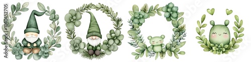 Whimsical illustrations of gnomes and frogs in green wreaths on a white background.