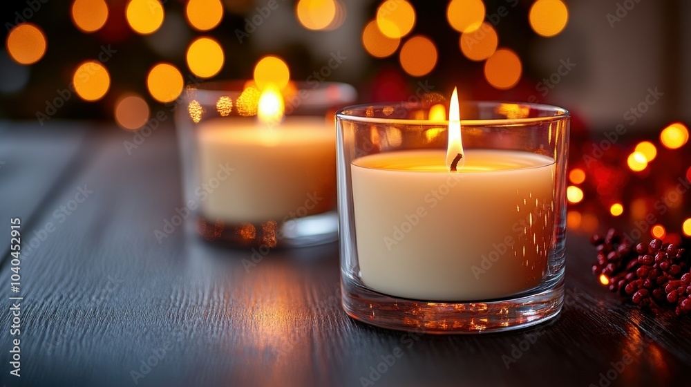 Two candles are lit on a wooden table. The candles are in glass containers and are surrounded by red berries. The scene has a warm and cozy atmosphere, perfect for a relaxing evening at home Two candles are lit on a wooden table. The candles are in glass containers and are surrounded by red berries. The scene has a warm and cozy atmosphere, perfect for a relaxing evening at home